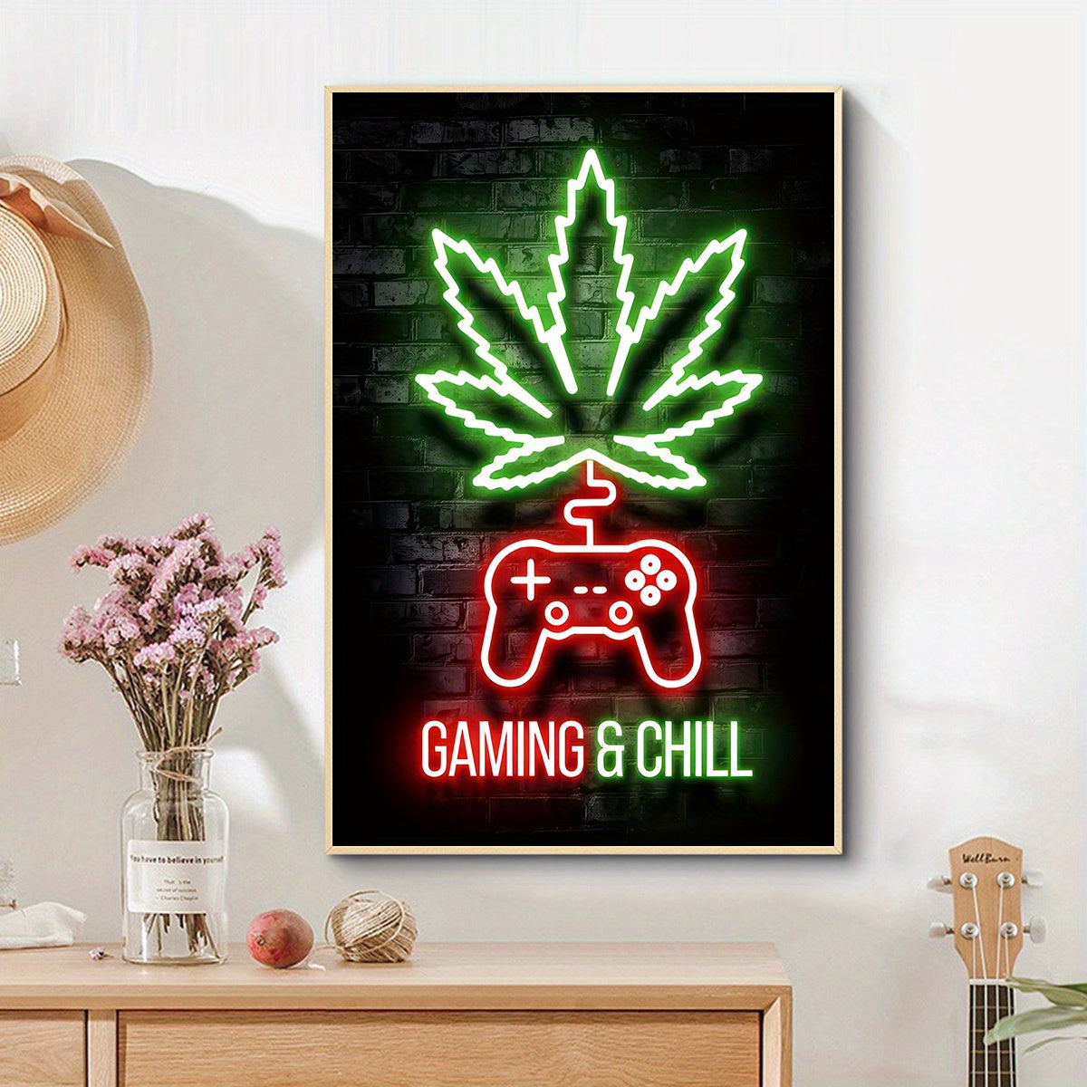 -Definition Fabric Canvas Weed Neon Lights Art Poster -