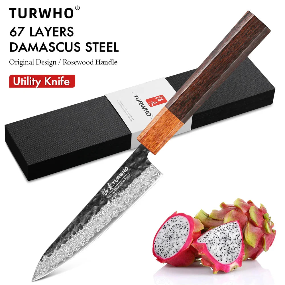 TURWHO 5" Utility Knife Hand Forged 67 Layers Damascus Steel Japanese Chef Knives Sharp Kitchen Meat Fruit Paring Cooking Tools