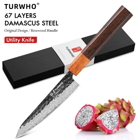 TURWHO 5" Utility Knife Hand Forged 67 Layers Damascus Steel Japanese Chef Knives Sharp Kitchen Meat Fruit Paring Cooking Tools