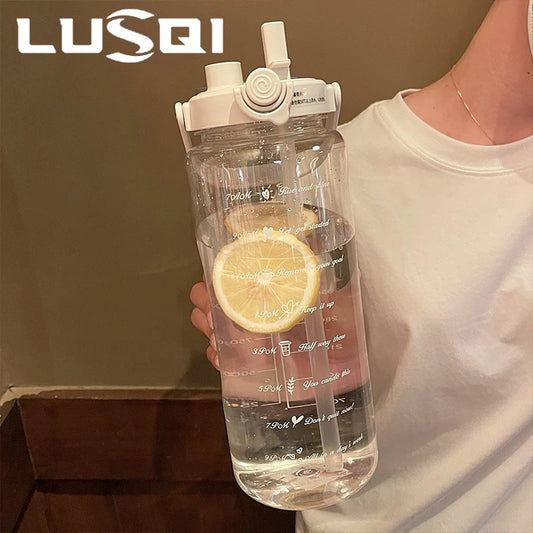 LUSQI 2000ml Summer Large Capacity Sports Transparent Water Cup, Outdoor High-value Portable Water Cup, Plastic Cup, Double Drin