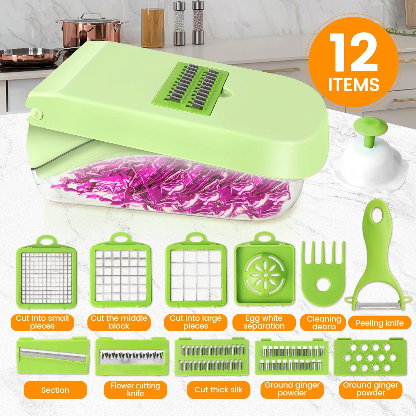 1Pc Green  12 in 1 Multifunctional Vegetable Slicer Cutter Shredders Slicer With Basket Fruit Potato Chopper Carrot Grater