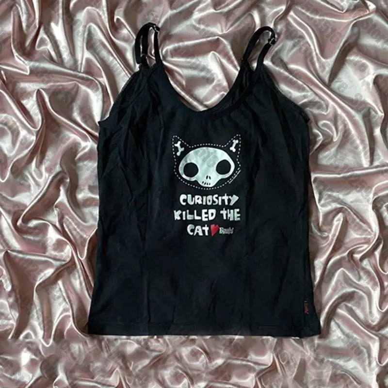 Y2k Tank Top Harajuku Goth Skull Graphic Print Black Sleeveless Camis Top Vintage Punk Emo Girls Streetwear Grunge emo