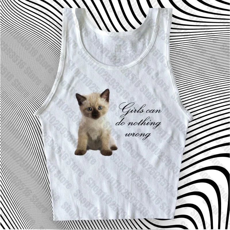 Punk Grunge cat Camisole Top Aesthetic Streetwear Womens Print Crop Top Y2k Clothes