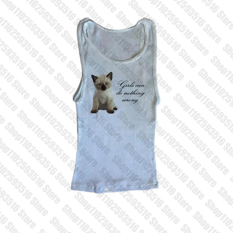 Punk Grunge cat Camisole Top Aesthetic Streetwear Womens Print Crop Top Y2k Clothes