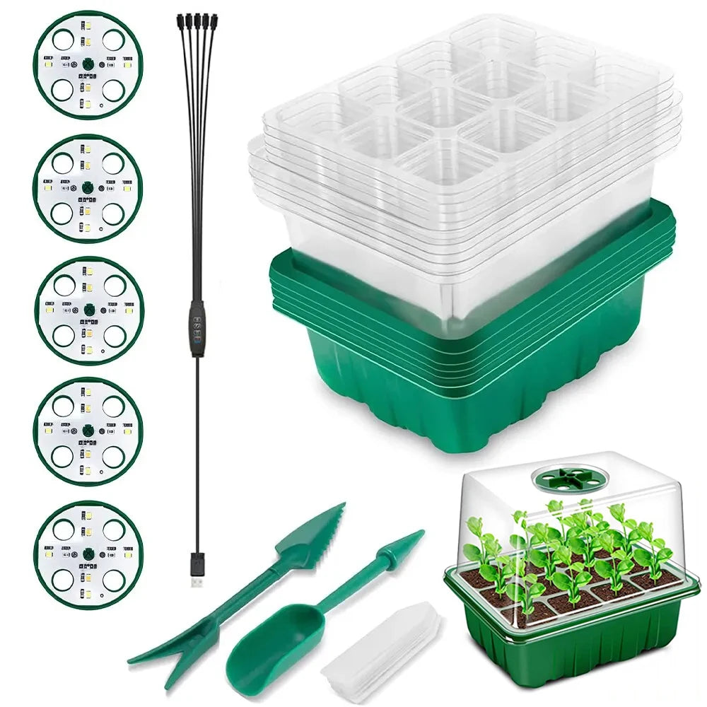 LED Nursery Pots With Grow Light Plant Seed Starter Trays Home Greenhouse Growing Lamp with 12 Hole Timer Kit Controller