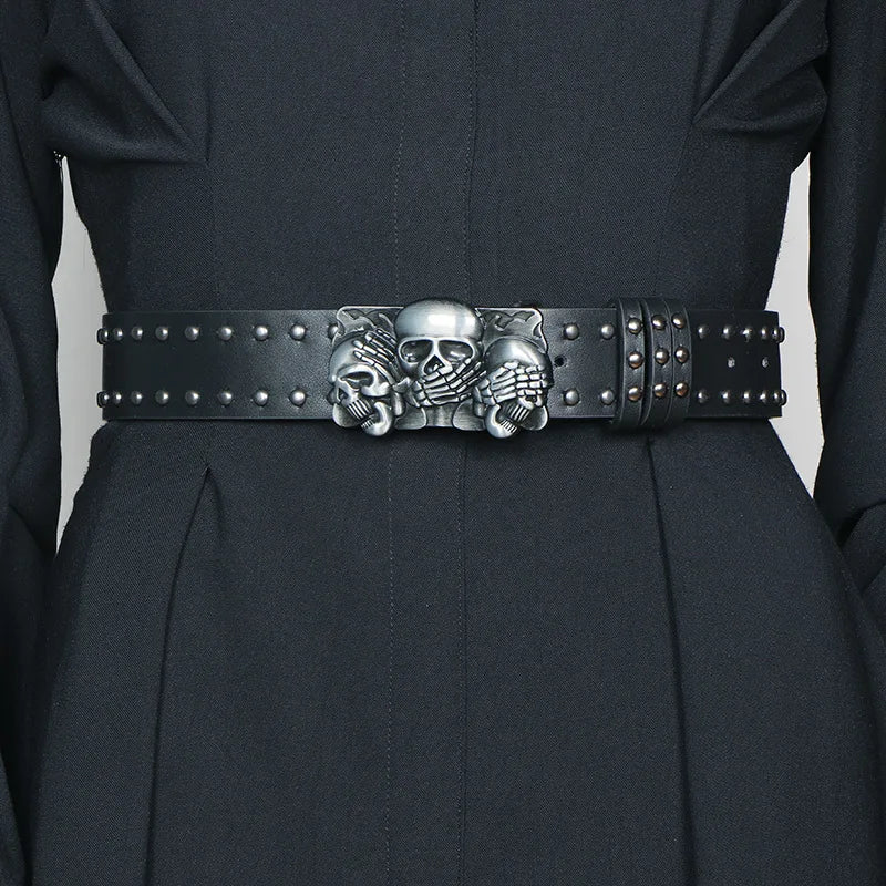 Punk Belt Unisex Fashion Personality Trend All-match Jeans Accessories Black Skull Metal Buckle Pu Girdle Retro Y2k Waistband