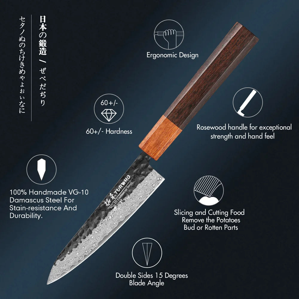 TURWHO 5" Utility Knife Hand Forged 67 Layers Damascus Steel Japanese Chef Knives Sharp Kitchen Meat Fruit Paring Cooking Tools