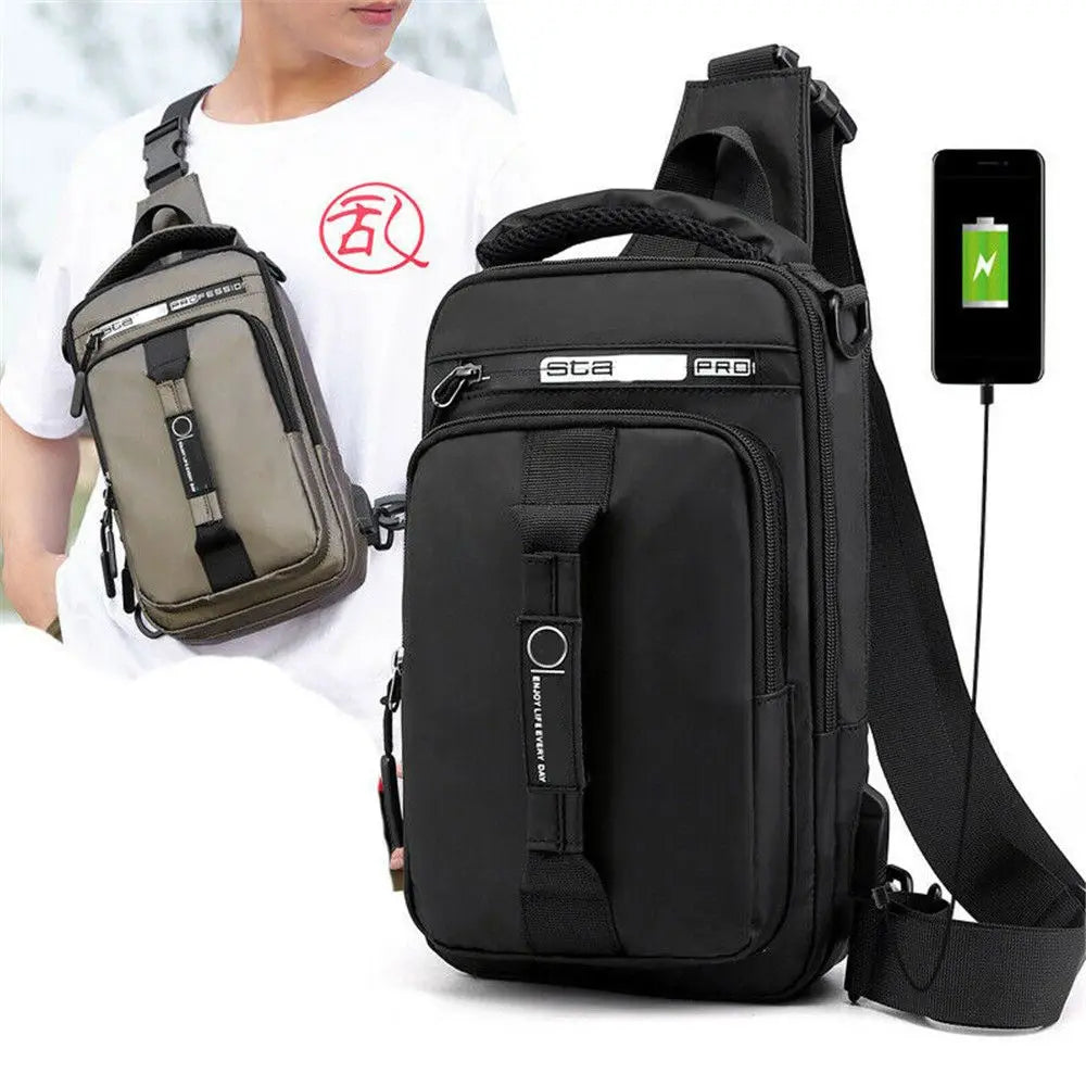 Anti-theft Chest Shoulder Bag Men's Sling Crossbody Bag Messenger Backpack USB Port Charging