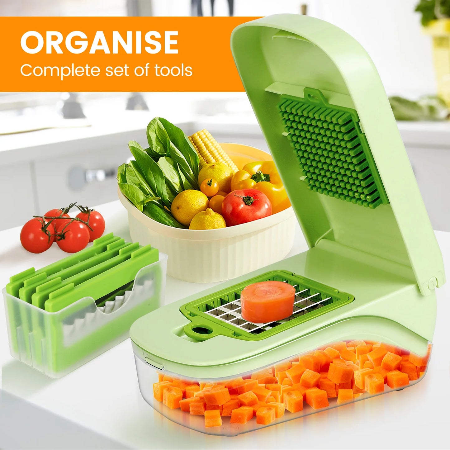 1Pc Green  12 in 1 Multifunctional Vegetable Slicer Cutter Shredders Slicer With Basket Fruit Potato Chopper Carrot Grater