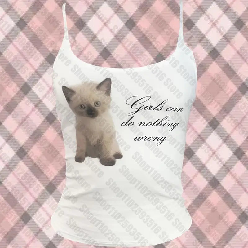 Punk Grunge cat Camisole Top Aesthetic Streetwear Womens Print Crop Top Y2k Clothes