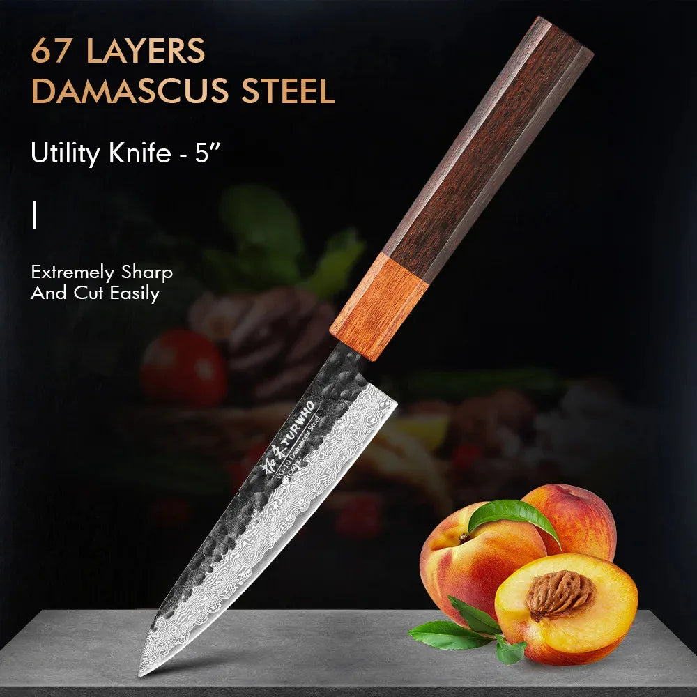 TURWHO 5" Utility Knife Hand Forged 67 Layers Damascus Steel Japanese Chef Knives Sharp Kitchen Meat Fruit Paring Cooking Tools