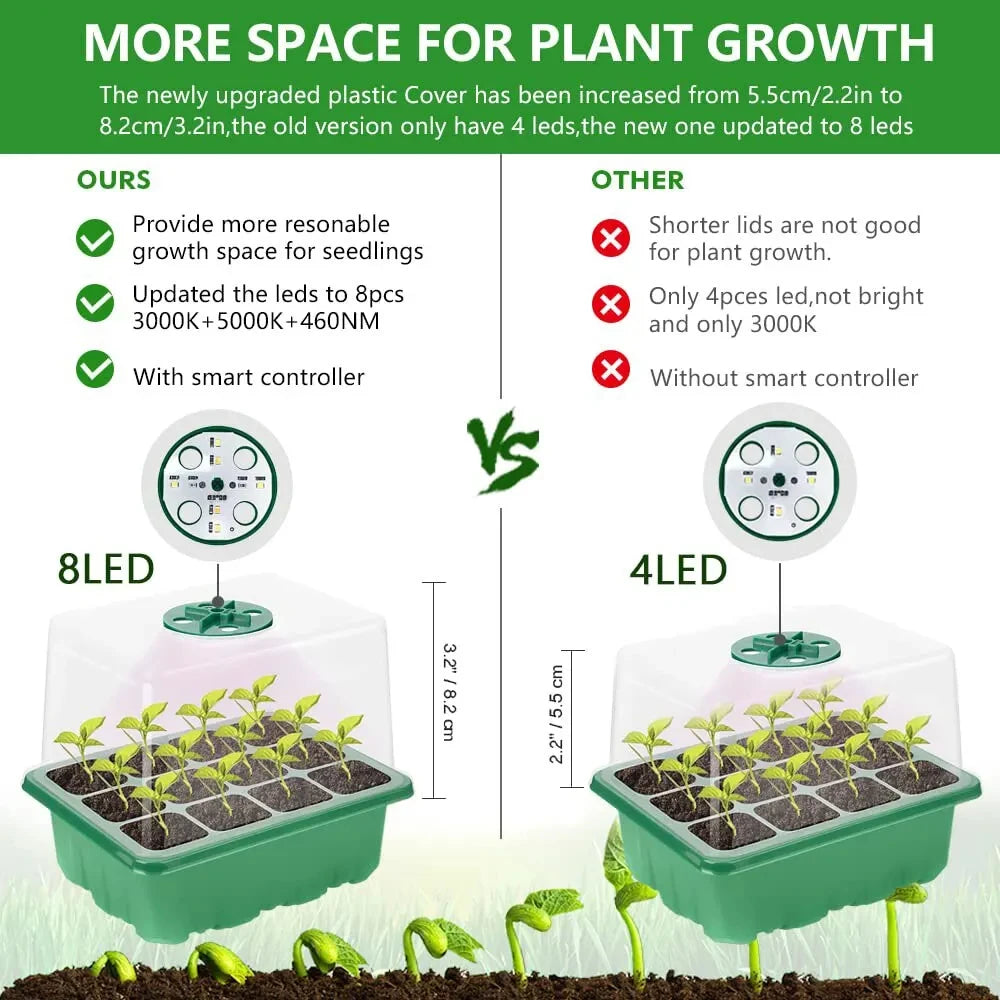 LED Nursery Pots With Grow Light Plant Seed Starter Trays Home Greenhouse Growing Lamp with 12 Hole Timer Kit Controller