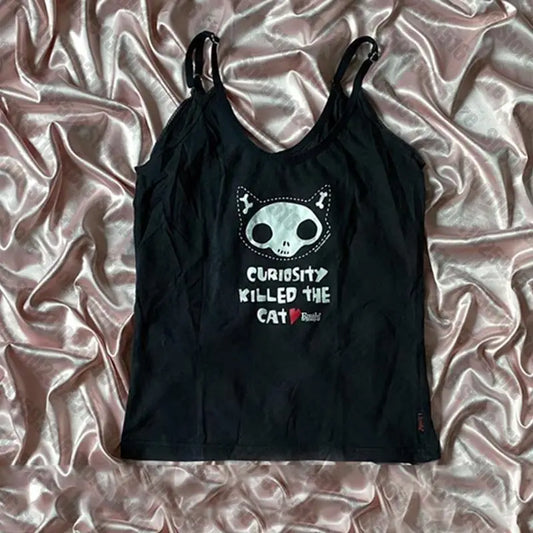 Y2k Tank Top Harajuku Goth Skull Graphic Print Black Sleeveless Camis Top Vintage Punk Emo Girls Streetwear Grunge emo