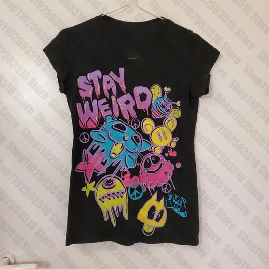Streetwear T-Shirts anime Grunge Emo Girls Aesthetic Slim Baby Tee Punk goth skull Print Y2k Clothes Vintage Women emo