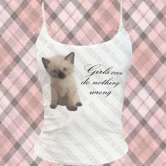 Punk Grunge cat Camisole Top Aesthetic Streetwear Womens Print Crop Top Y2k Clothes